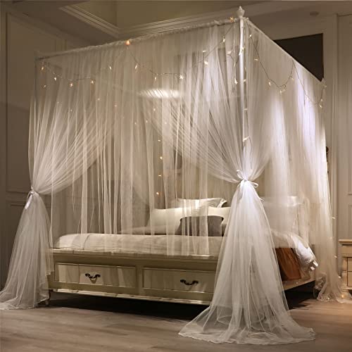 4 Corner Post Bed Canopy Curtain - Double Layer Queen Mosquito Net (White)