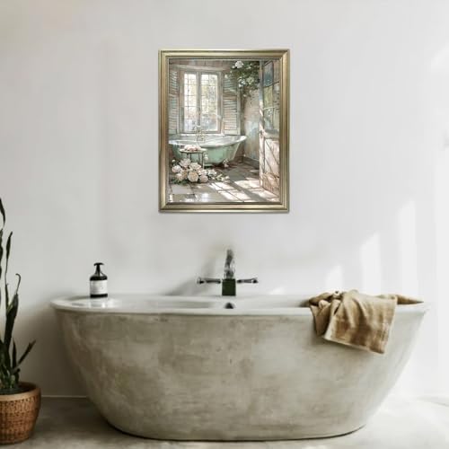 Vintage Floral Bathtub Wall Art, 10x8 Inch Framed Rustic Bathroom Canvas Print