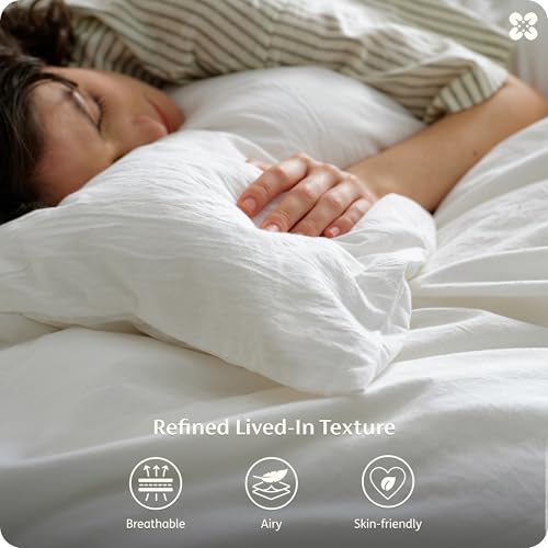 100% Washed Cotton Queen Duvet Cover Set - 3-Piece Linen-Like Texture