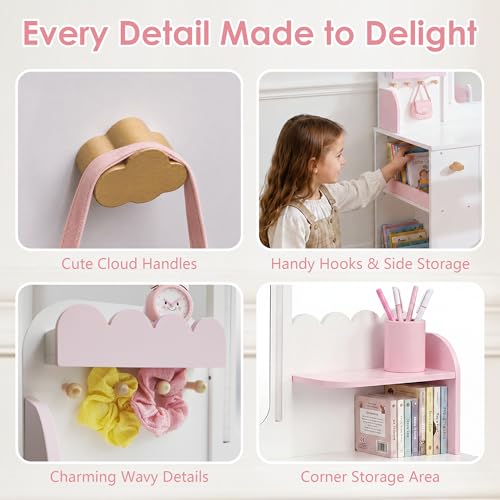 Kids Wooden Vanity Table and Chair Set with 3-Color Lighted Mirror