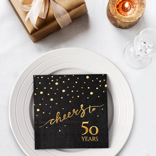 50th Birthday Napkins - Cheers to 50 Elegant Black & Gold Cocktail Party Pack, 100 Count