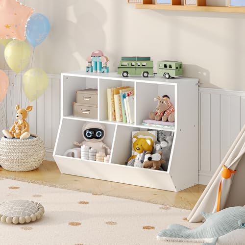 Kids Bookshelf and Toy Storage Organizer with 5 Cubbies, White