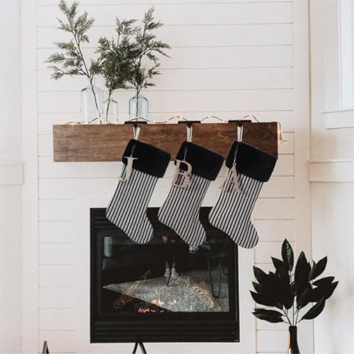 JKSVE 20 Inch Black Vertical Stripe Christmas Stocking with Gold Wooden Initial Monogram (Black Stripe)