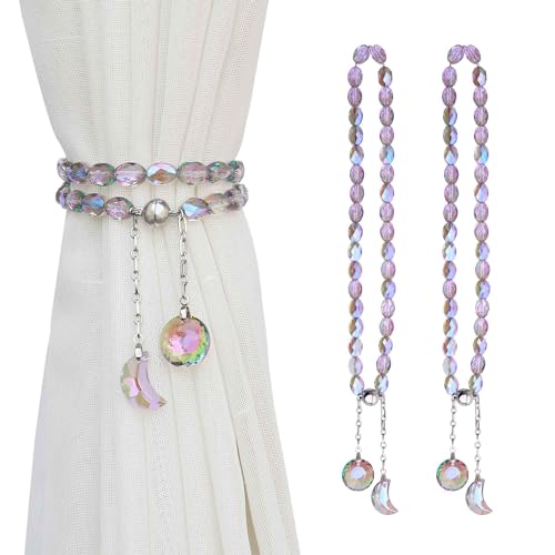 Magnetic Crystal Beaded Curtain Tiebacks with Sun and Moon Pendants, 2 Pack