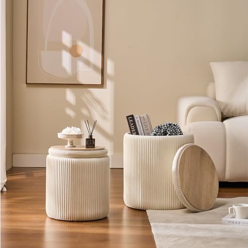 Set of 2 Round Velvet Storage Ottomans with Removable Tray Lid