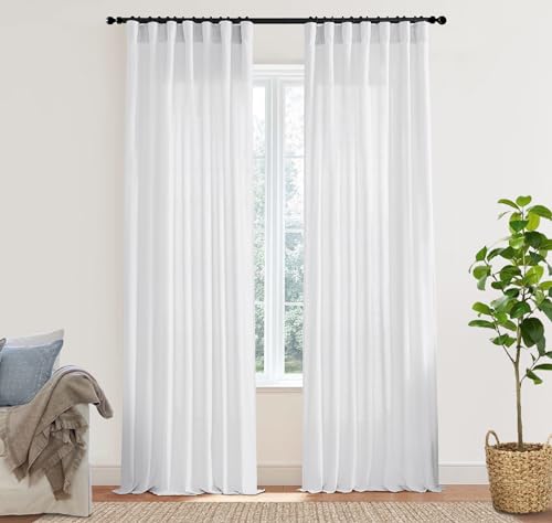 92-Inch White Linen Sheer Curtains - 2 Panels Set for Living Room & Bedroom