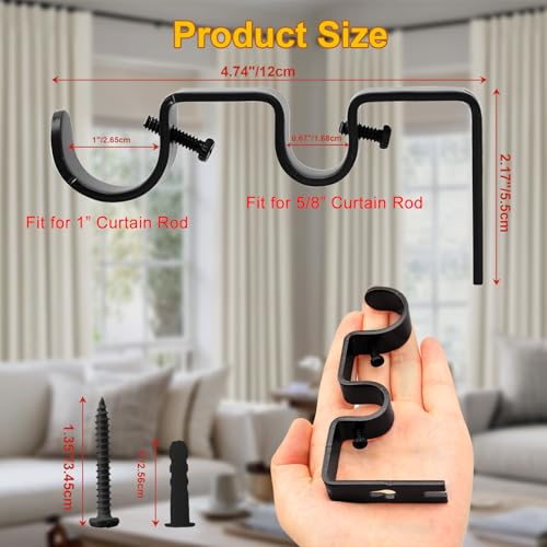 6-Pack Metal Double Curtain Rod Brackets, Heavy Duty Wall Mount Holders