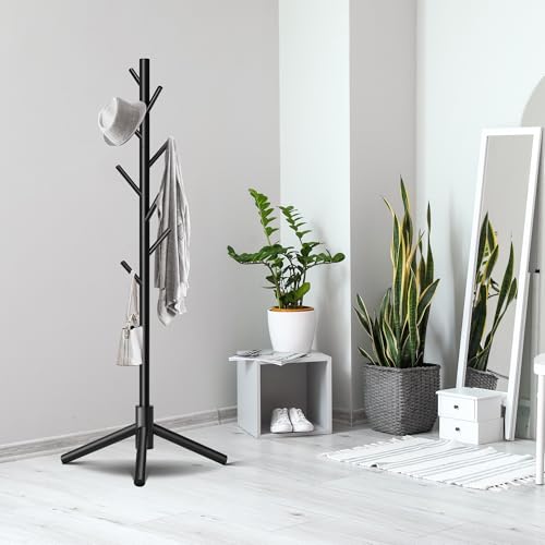 8-Hook Freestanding Wooden Coat Rack, 3 Adjustable Heights