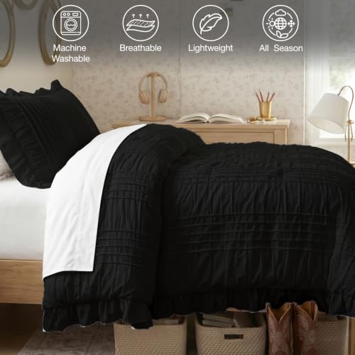 Black King Comforter Set, 3-Piece Ruffle Seersucker Textured Bedding Set
