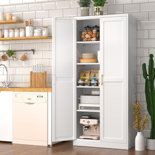 71" Tall White Metal Kitchen Pantry Cabinet with Doors & Adjustable Shelves