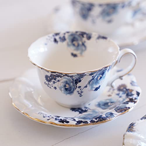 Jomop Blue and White Ceramic Tea Cups & Saucers Set of 4 - Porcelain Coffee & Tea Service