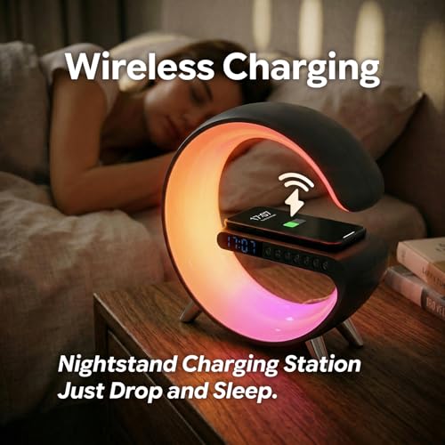 Hirsionsan Black Smart LED Table Lamp with Wireless Charging & Bluetooth Speaker