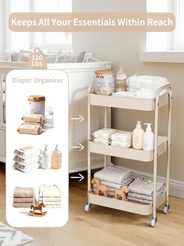 3-Tier Baby Diaper Caddy Rolling Cart with Removable Dividers, Taupe