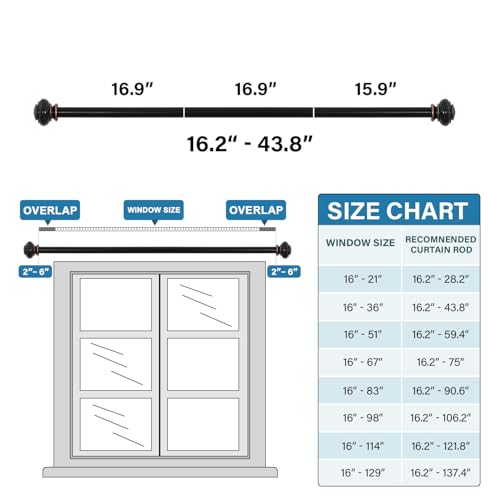 H.VERSAILTEX Curtain Rods for Windows 16.2 to 43.8 Inches 3/4 inch Diameter Adjustable Decorative Telescoping Curtain Rod with Brackets Heavy Duty Splicing Window Rods with Classic Finials, Black