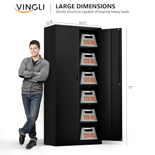 71-Inch Tall Metal Storage Cabinet with 5 Adjustable Shelves and Lockable Doors