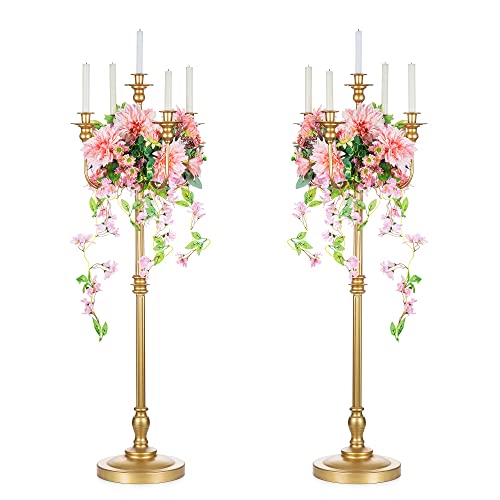 Sziqiqi 50in Gold Floor Candelabra Candle Holders for Weddings, 5-Arm, 2 Pieces