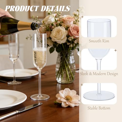 LEYIQU Clear Plastic Champagne Flutes Set of 24, 6 oz Reusable & Disposable