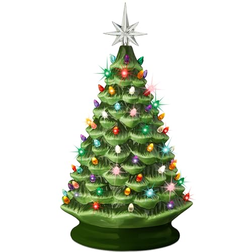 18-Inch Pre-Lit Hand-Painted Ceramic Christmas Tree - Tabletop Holiday Decor