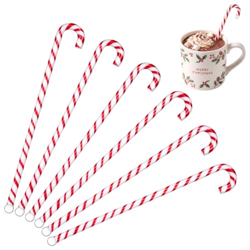 SiliFine 8-Inch Christmas Candy Cane Glass Drink Stirrers - Pack of 6, White and Red