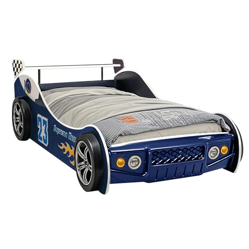 Twin Race Car Bed Frame for Kids with LED Headlights and Guardrails