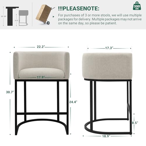 Set of 3 Counter Height Bar Stools, 24-Inch Upholstered Linen Bar Chairs