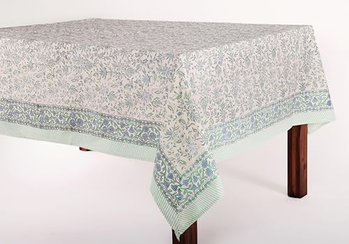 Aster Blue 60 x 108 Inch 100% Cotton Boho Tablecloth - Handblock Floral Home Decor