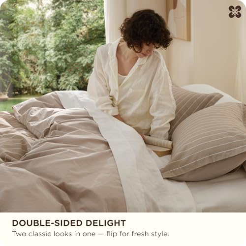 100% Washed Cotton Striped Queen Duvet Cover Set - 3 Pieces, Tan/White