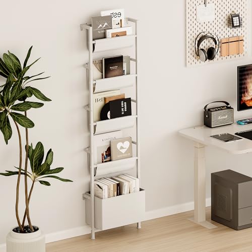 5-Tier Wall Mounted Kids Bookshelf with Storage Bin, Slim Ladder Shelf