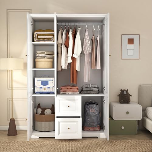 Tall 3-Door Wardrobe Armoire with Drawers and Shelves - White Bedroom Closet