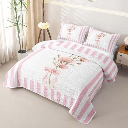 Pink Bow Floral Quilt Set - Twin Size Lightweight Bedspread for All Seasons