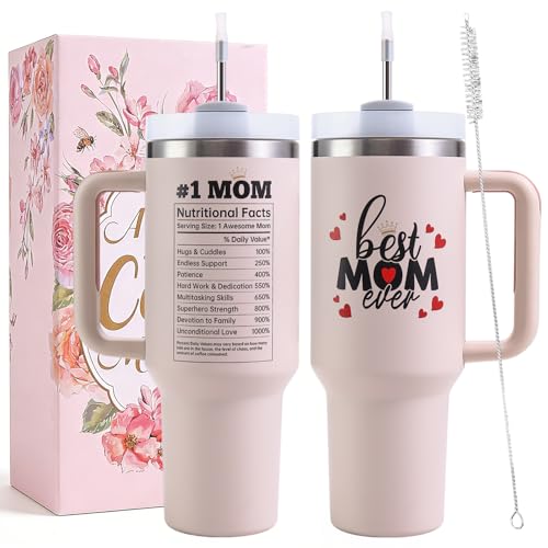 Best Mom Ever Tumbler 40oz with Handle, Lids & Straws - Gift for Mom