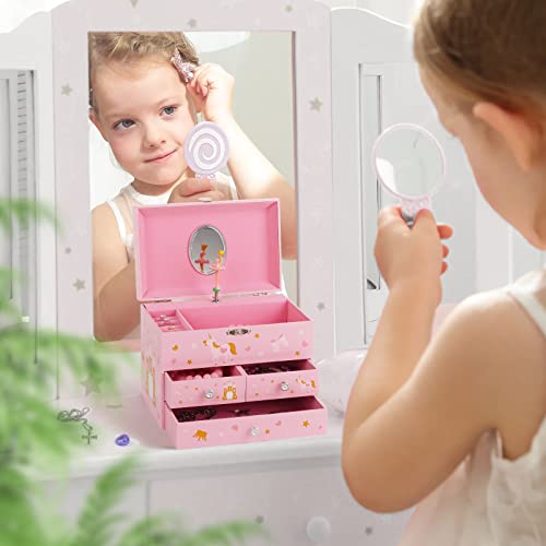 Pink Musical Jewelry Box for Girls - Unicorn & Ballerina Spinner, 3 Drawers, Gift Ready