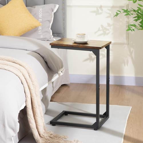 C-Shaped End Table Set of 2 - Sliding Couch Side Table & TV Tray, Rustic Brown