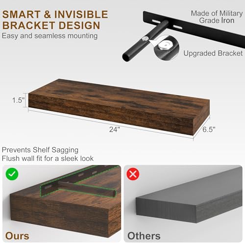 24-Inch Floating Wall Shelves, Set of 2 Rustic Wood Shelves