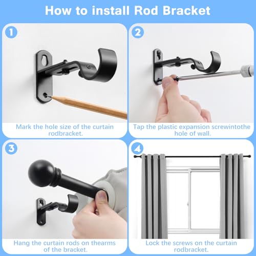 Adjustable Black Curtain Rod 1-Inch Diameter with Round Finials (16"-60")