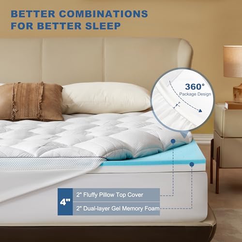 Queen Mattress Topper - 4-Inch Dual Layer Gel Memory Foam & Pillow Top
