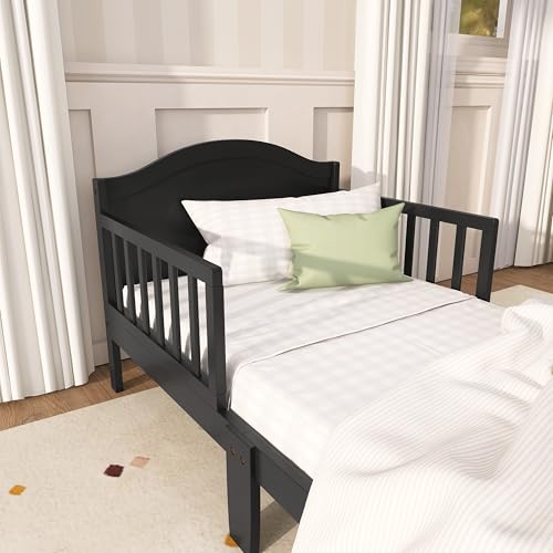 Solid Pinewood Toddler Bed Frame with Safety Rails & Arched Panel - Black