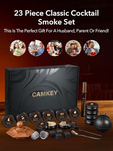Whiskey Smoker Kit with Torch, 12 Wood Chips, Ice Ball Molds, Cocktail Infuser, Gifts for Men