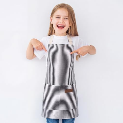 2-Pack Kids Striped Cotton Linen Aprons with Pockets for Cooking & Crafts