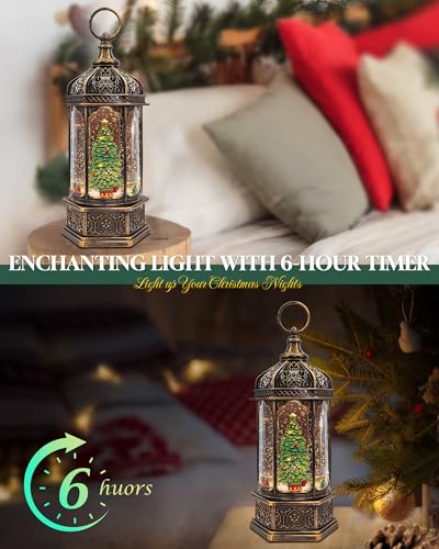 Musical Christmas Tree Snow Globe Lantern with Rotating Train & Timer
