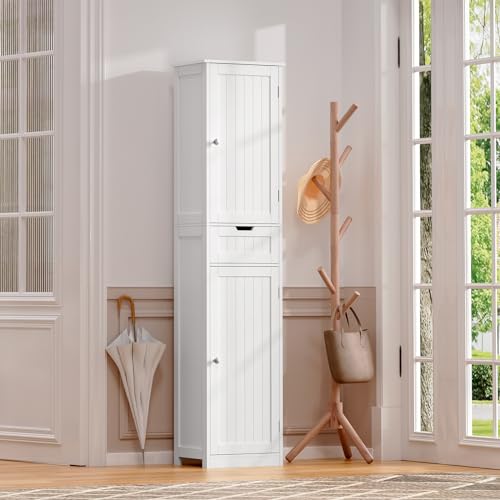 67" Tall Bathroom Storage Cabinet with 2 Doors, Drawer & Adjustable Shelves