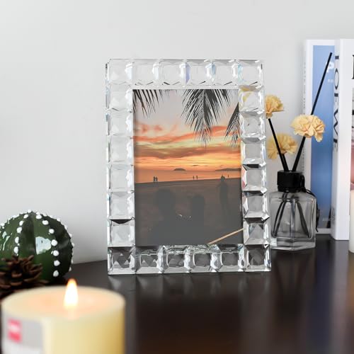 kitCom 5x7 Inch Crystal Photo Frame with Grid Diamond Craft - Keepsake Wedding Decor, Tabletop Display, Gift Box