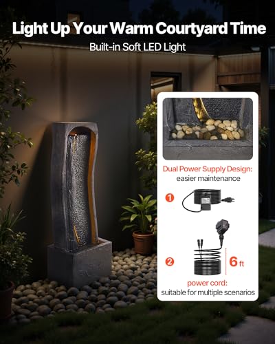 38-inch Outdoor Water Fountain with LED Lights and Waterfall Pump