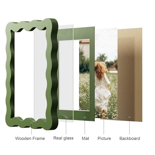 Wavy Edge 4x6 Wooden Picture Frame with Mat - Green Glass Photo Frame