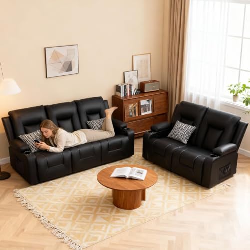 3-Piece Faux Leather Reclining Sofa Set with Cup Holders and Storage