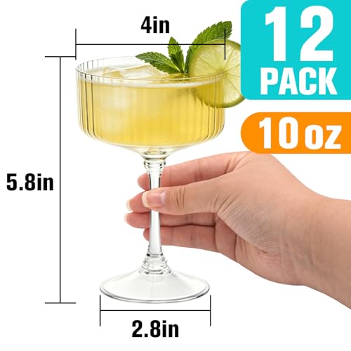 12 Pcs 10oz Ribbed Plastic Martini Glasses, Disposable Coupe Cocktail Set