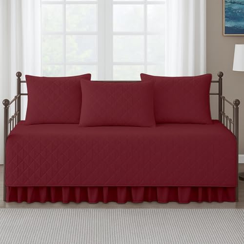Twin Daybed Cover Set - 5-Piece Quilted Microfiber Bedding, Burgundy