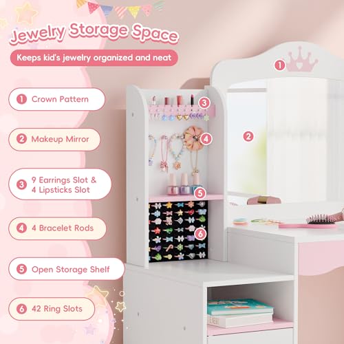 Kids Vanity Set with Mirror, Stool, and Jewelry Storage - White Wooden Desk