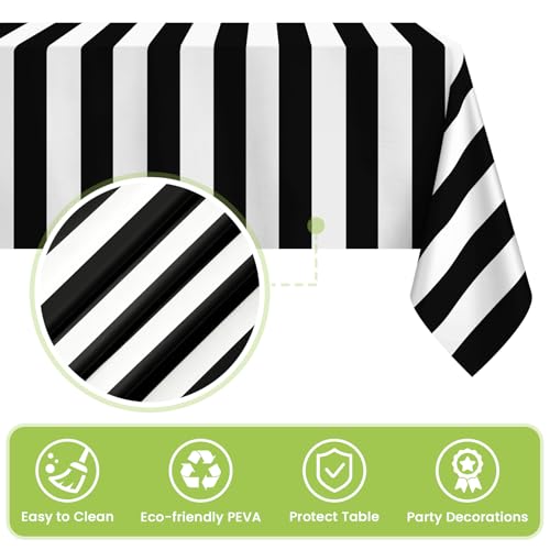 Mulbozy Black & White Stripe Tablecloth 54x108 in, 2 Pack – Disposable Plastic Table Cover