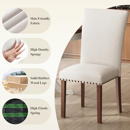 Upholstered Dining Chairs Set of 4, Beige Linen Parsons Chairs with Nailhead